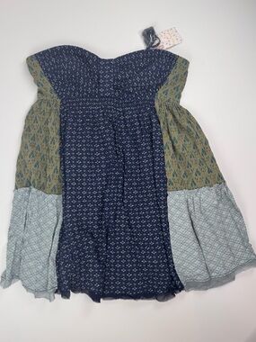 Free People Strapless Patchwork Mini Dress in Navy, Olive & Light Blue